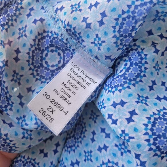 Woman Within Womens Top 2X Tunic Cap Sleeve Blue Geometric Crochet Sheer GEO229E - Picture 9 of 9